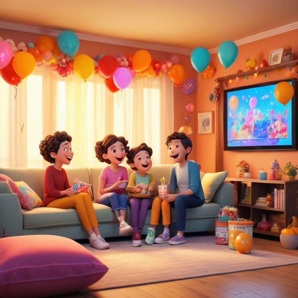 A lively family gathered around a bright TV screen, all smiling and laughing as they watch cheerful content on Maru TV. The room is filled with colorful decorations, balloons, and snacks, embodying a joyful atmosphere. Surrounding them are animated characters from popular shows, radiating positivity and fun. Soft, glowing lighting enhances the warm feeling of togetherness. vibrant colors. 3D. cartoon style.