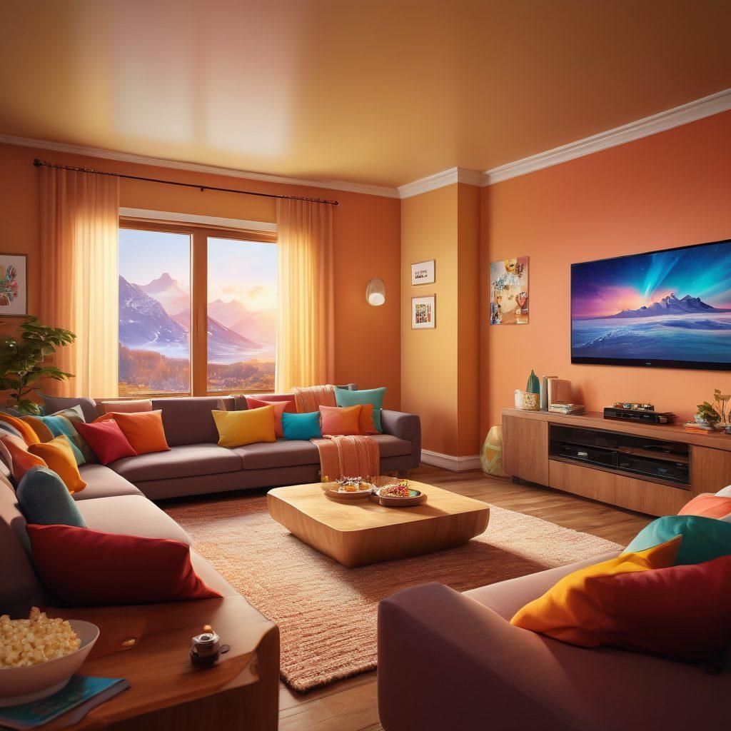 An inviting living room with a large, vibrant flat-screen TV displaying an array of colorful streaming icons. Cozy seating with popcorn bowls and blankets, radiating warmth and joy. Soft ambient lighting and family members joyfully watching together, capturing the essence of shared entertainment experiences. Artistic flair representing digital streaming waves in the background. super-realistic. warm colors. cozy atmosphere.