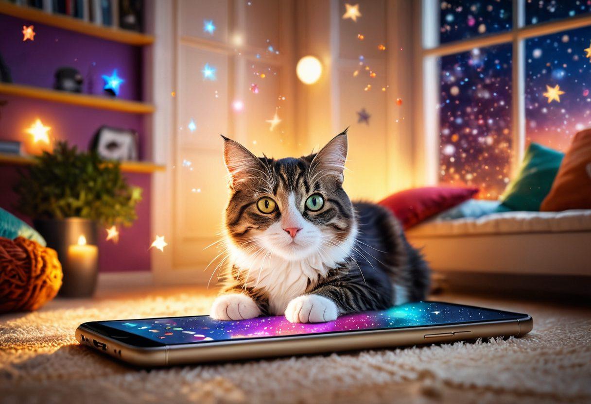 A vibrant smartphone displaying a colorful app interface with magical elements like stars and sparkles coming out of the screen. Surrounding the smartphone, a cozy room setting with cushions and warm light, inviting viewers to explore. A playful cat in the foreground, representing fun and delight in discovery. super-realistic. vibrant colors. warm lighting.